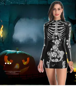 Detail of Halloween skeleton and rose floral print on a slim long sleeve mini dress