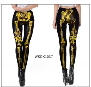Detail view of gold skeleton bones and floral print on black Halloween leggings
