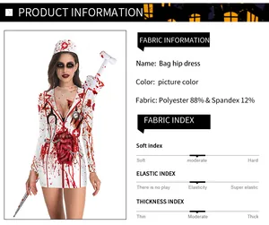 Detail of bloody nurse dress showing 88% polyester fabric blend and slim fit design