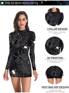 Detail view of 3D spider web print and slim fit cut on a Halloween bodycon mini dress
