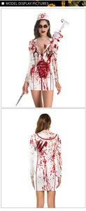 Detailed front and back view of a bloody zombie nurse costume for Halloween parties