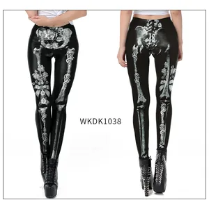 Detailed front and back view of Halloween leggings with rose skull and bone print