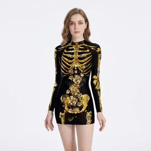 Robe Mini Moulante à Manches Longues avec Impression 3D Squelette Rose Gothique pour Femme Robe Ajustée Fête d'Halloween