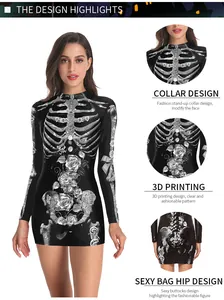 Detail of Halloween dress with 3D skull and rose print and high neck collar