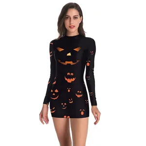Halloween Women Pumpkin Print Long Sleeve Bodycon Mini Dress Jack-O'-Lantern Slim Fit Party Dress Holiday Cosplay Apparel
