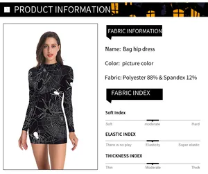 Detail info card for spider web print dress showing 88% polyester and 12% spandex fabric