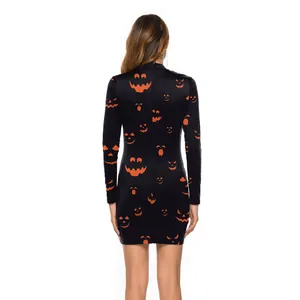 Women's Halloween bodycon dress featuring 3D pumpkin prints and long sleeves in black