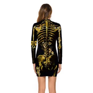 Robe moulante Halloween femme avec imprimé squelette 3D doré et fleurs au dos