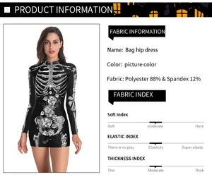 Detail view of Halloween bodycon dress showing 88% polyester fabric and skull rose print