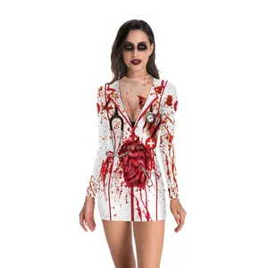 Detail of bloody zombie nurse dress featuring gory internal organ print for Halloween