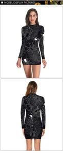 Detailed front and back view of long sleeve mini dress with spider web print for Halloween