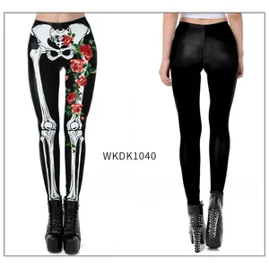 Detail of Halloween leggings with white skeleton bone and red rose floral prints