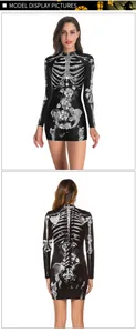 Detailed front and back view of long sleeve slim dress with skull and rose floral prints