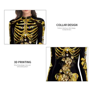 Robe moulante à manches longues pour Halloween avec imprimé squelette 3D et roses