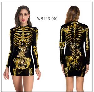 Close-up of skeleton and floral print on a long sleeve Halloween mini dress
