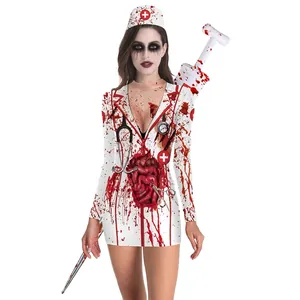 Women Halloween Bloody Nurse Zombie Dress Horror 3D Internal Organs Print Slim Fit Long Sleeve Mini Dress Cosplay Party Outfit