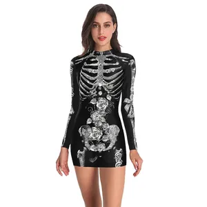 Halloween Women Bodycon Mini Dress Long Sleeve Skull Rose Print Slim Fit Gothic Party Wear Polyester Spandex Dress