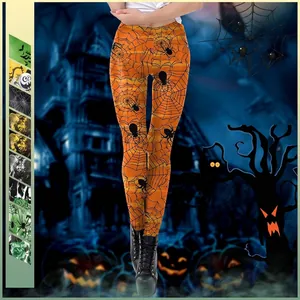 Women's Halloween Printed Leggings Pumpkin Skeleton Spider Web Digital Print High Stretch Slim Gothic Yoga Pants For Party