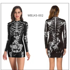 Front and back view of black Halloween skeleton dress with rose floral print detailing
