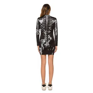 Slim fit long sleeve dress with white skeleton and red rose print for Halloween party