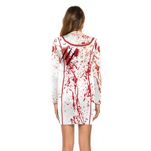Slim fit long sleeve mini dress with Halloween zombie nurse blood splatter and back claw marks