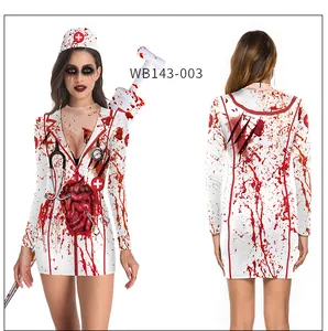 Detailed front and back view of a bloody nurse Halloween costume dress with organ prints