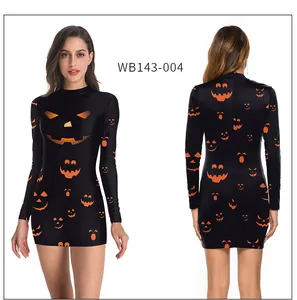 Detail view of Halloween dress with jack-o'-lantern prints and slim fit design