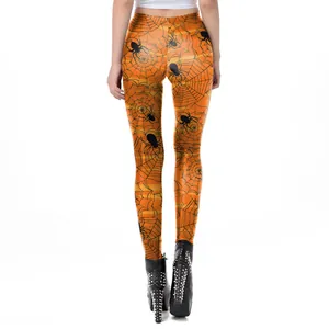 Back view of orange Halloween leggings with black spiderweb and spider print patterns