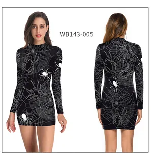 Detailed front and back view of a bodycon spider web print mini dress for Halloween costume