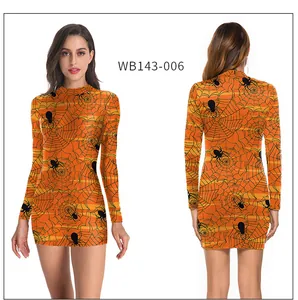 Front and back view of Halloween spider web print mini dress in vibrant orange