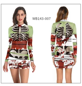 Front and back view of skeleton mini dress with red blood stains for Halloween party WB143-007