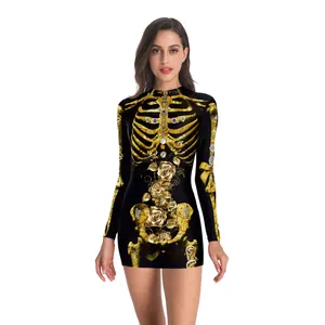 Women black bodycon mini dress featuring gold skull and floral print for Halloween