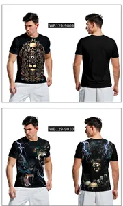 Vistas detalladas de impresiones 3D de calaveras y lobos en camisetas negras para hombre