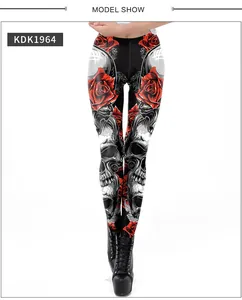 Detail of high waist leggings with red roses and realistic skull digital 3D print