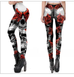 Close-up of 3D skull and red rose digital print on high elasticity leggings