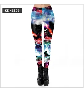Close-up of vibrant galaxy pattern print on women high waist 3D leggings with boots