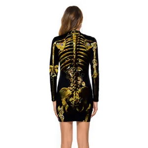 Vestido corto ajustado negro con estampado de esqueleto dorado y flores para Halloween