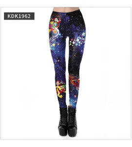 Detail view of 3D galaxy print leggings with Santa and reindeer holiday motifs