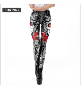 Close-up of 3D digital skull and red rose print on high-elasticity gothic leggings