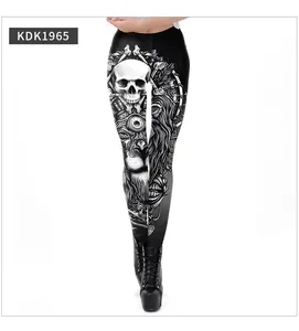 Detail of gothic leggings featuring 3D skull and lion prints for women, slim fit style