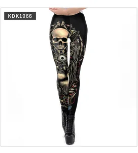 Detailed view of skull and dreamcatcher digital print on black stretch leggings