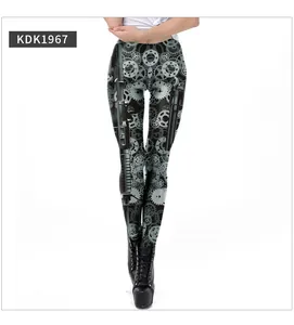 Detailed view of women leggings with 3D mechanical gears and firearm print