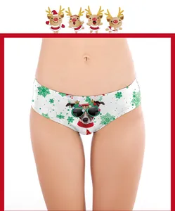 Detail of Christmas panty with cute cartoon dog print and festive snowflake patterns