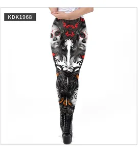 Close-up of high-waist leggings featuring 3D sugar skull and orange butterfly prints