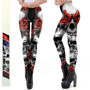 Women's Gothic Skull Rose Galaxy Print Leggings High Waist Stretchy Butt Lifting Tummy Control Slimming Pants Yoga Tights