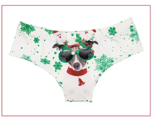 Detailed Christmas puppy print on festive white women's briefs with snowflake patterns