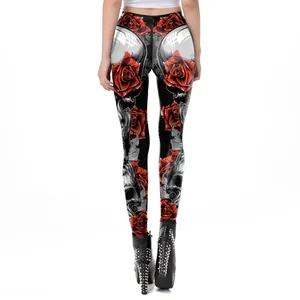 Gothic 3D skull and red rose print high waist leggings for women with slim fit design