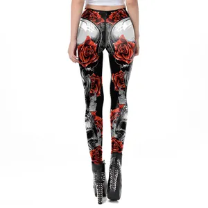 Women's Halloween leggings featuring 3D red roses and skulls print, gothic style back view