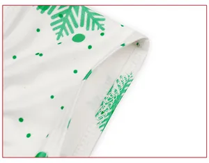 Detailed macro shot of reinforced stitching and green snowflake print on cotton fabric