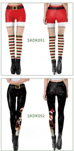 Detailed views of Christmas leggings with Santa motifs and festive animal digital prints